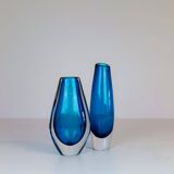 Pair of heavy crystal vases by Orrefors Mid-Century Modern by Sven Palmqvist, light blue.
