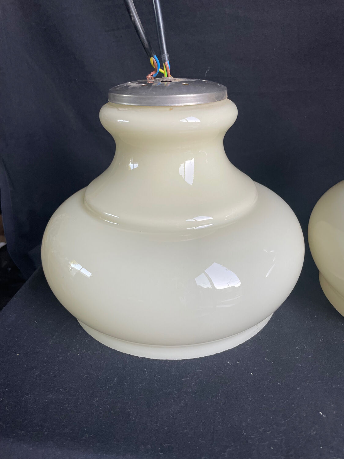 Pair of mid-century vintage opaline milk glass pendant lights