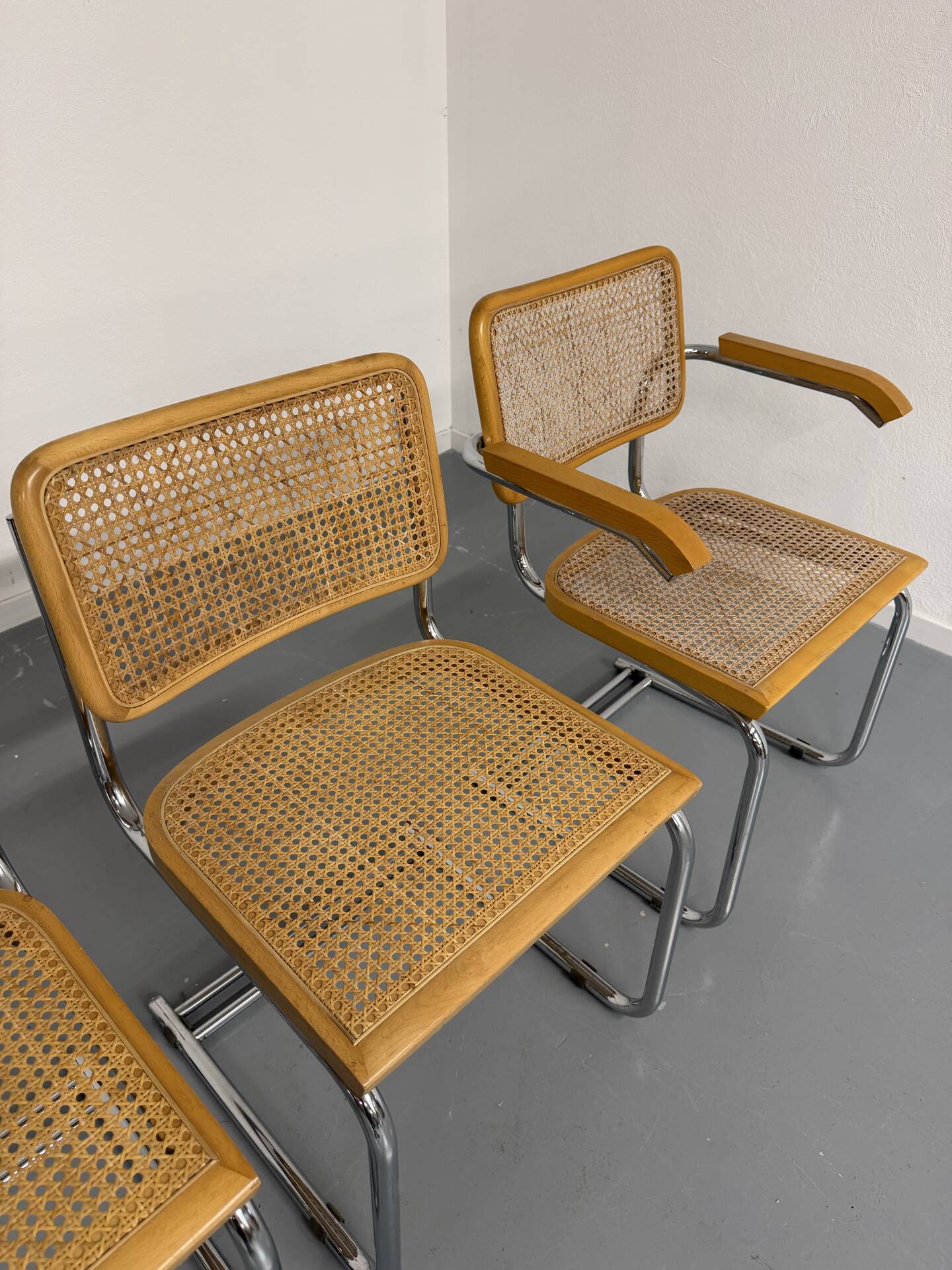 Set of 4 cane cantilever chairs and armchairs, Cesca, 1970s.