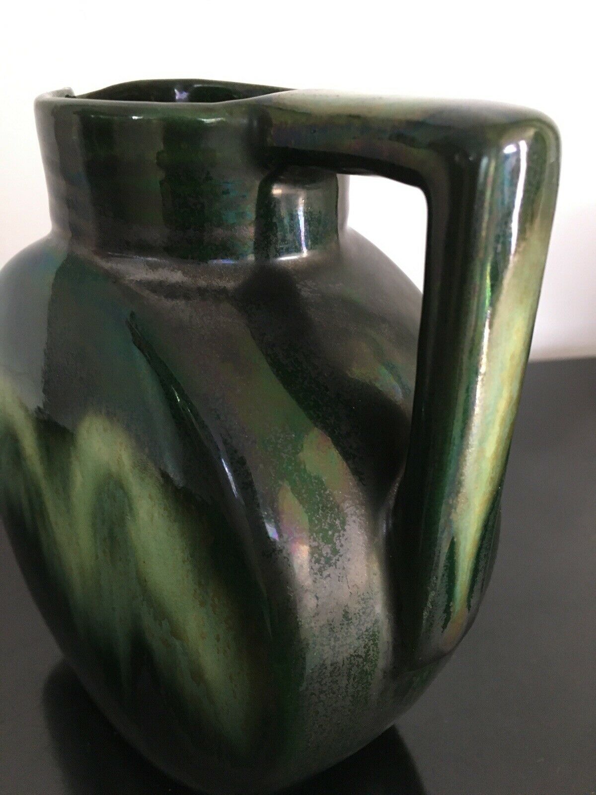 Carafe broc pitcher in green ceramic with metallic highlights
