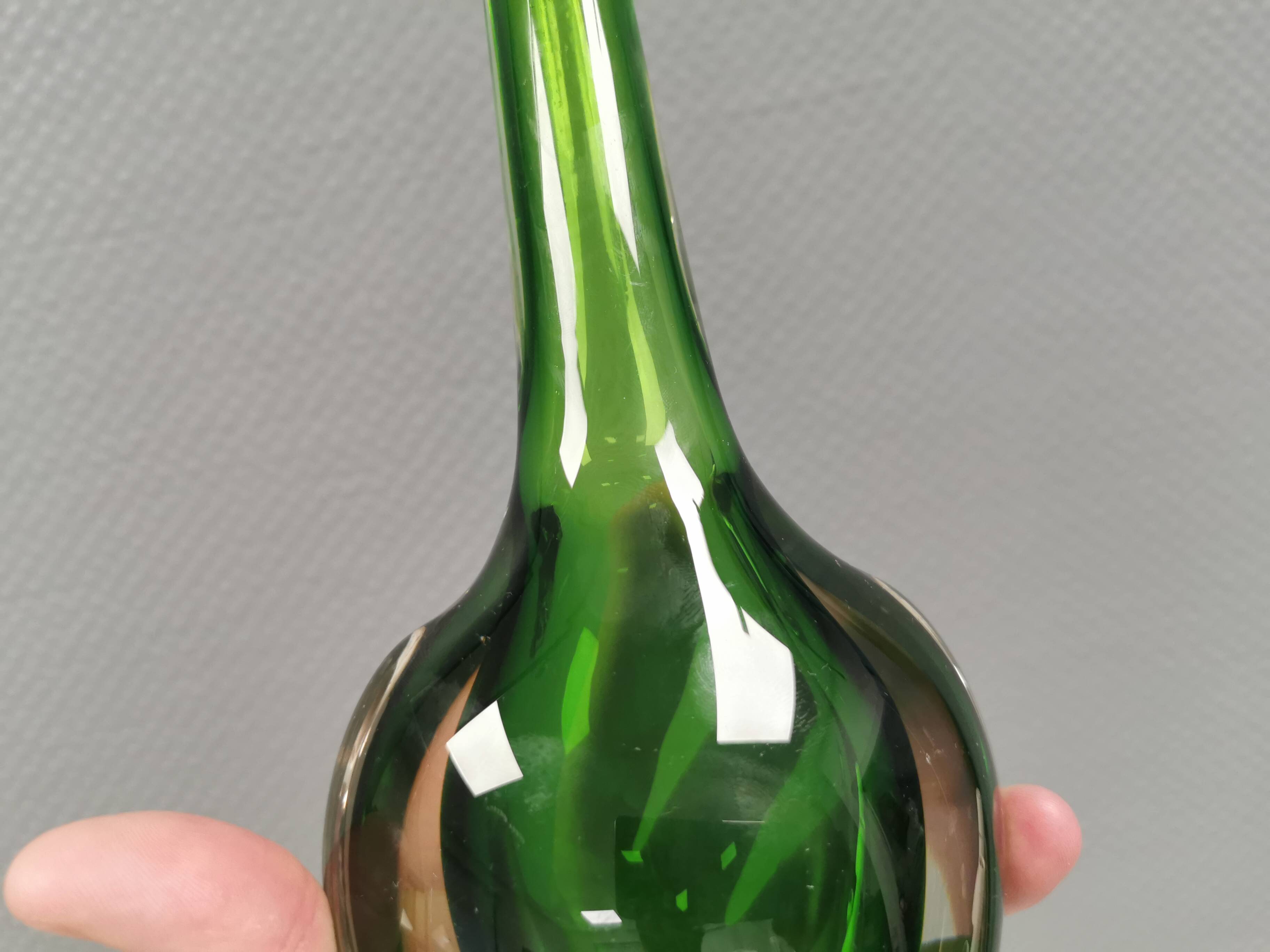 Handmade Murano vase in green and transparent. Estimated 1970-1980