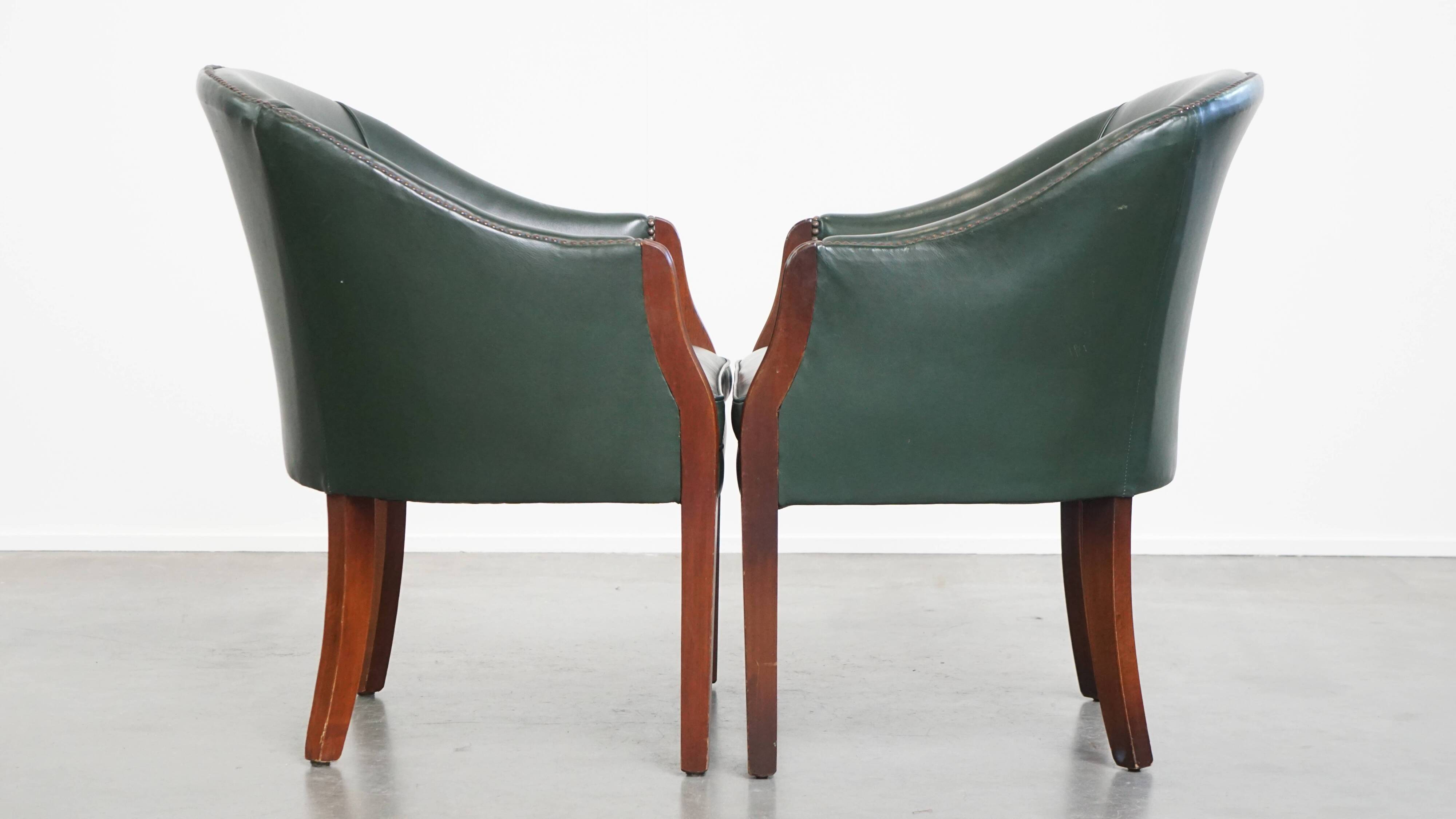Set of 2 Green Cowhide Leather and Wooden Side/Dining/Office Chairs