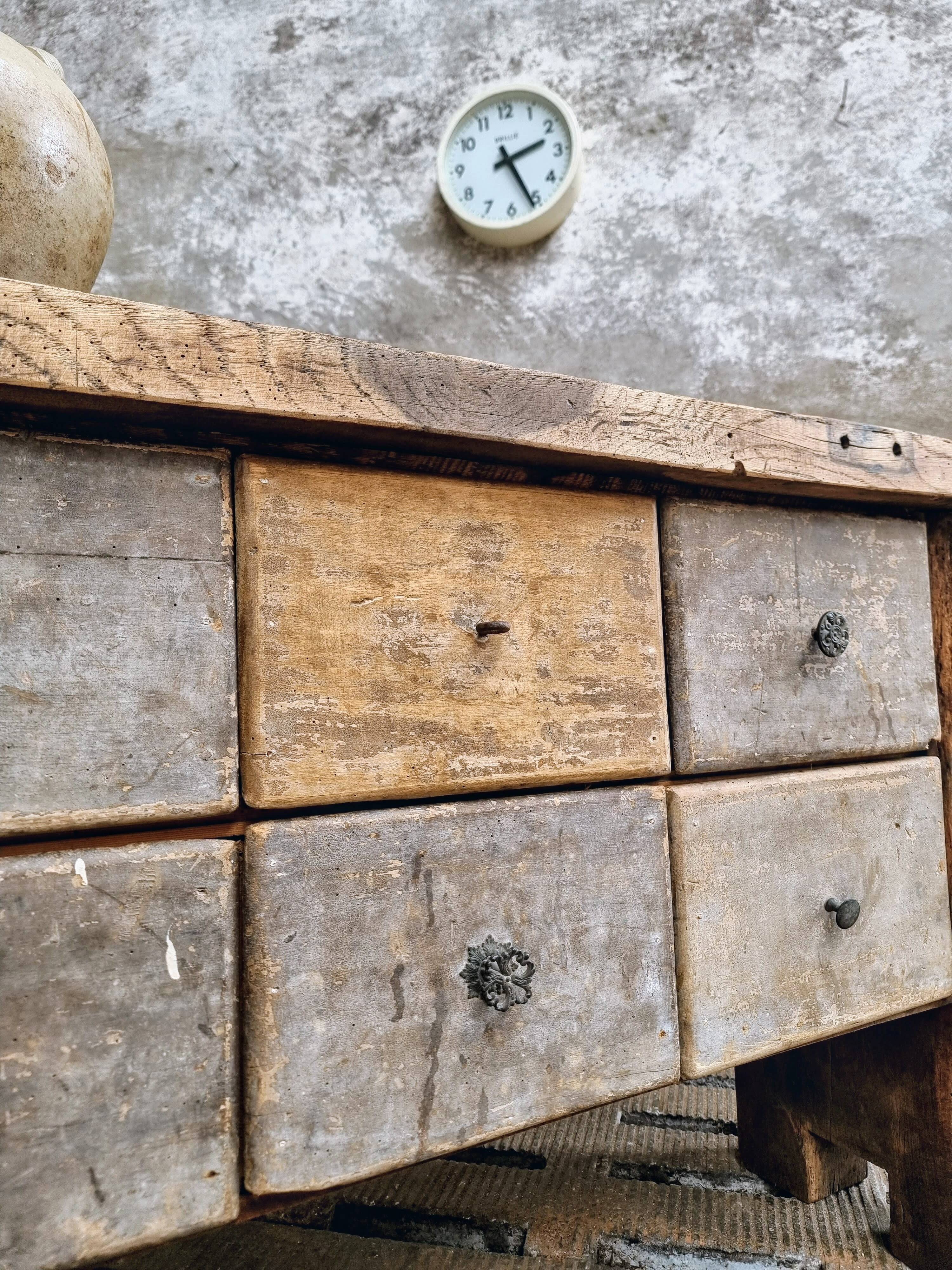 Antique workbench, chest of drawers, side table, bathroom furniture, 19th century