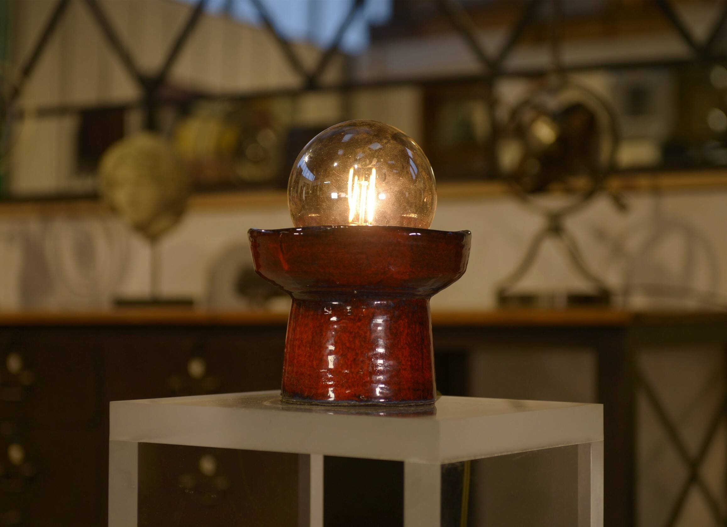 Red ceramic table lamp by Guillerme and Chambron 1980s