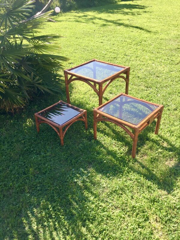 Table gigogne en bambou/ cuir et verre vintage