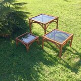 Bamboo pull-out table / leather and vintage glass