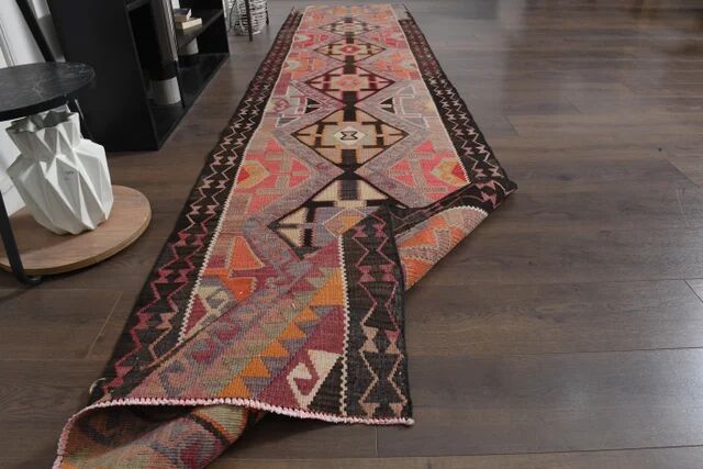 1970s Turkish Oushak Handmade Wool Cotton Orange Runner Rug 90x400