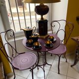 Set of two chairs and wrought iron pedestal table