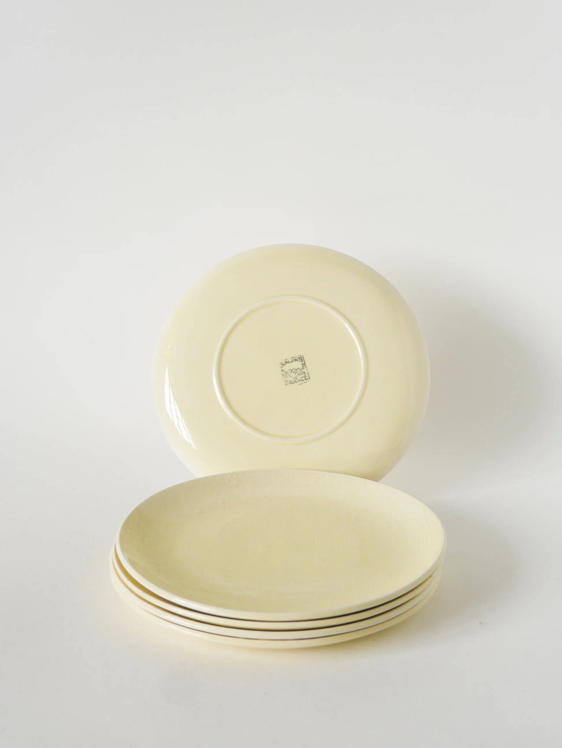 Set of 5 dessert plates, woven effect, butter yellow, Salins, 1950