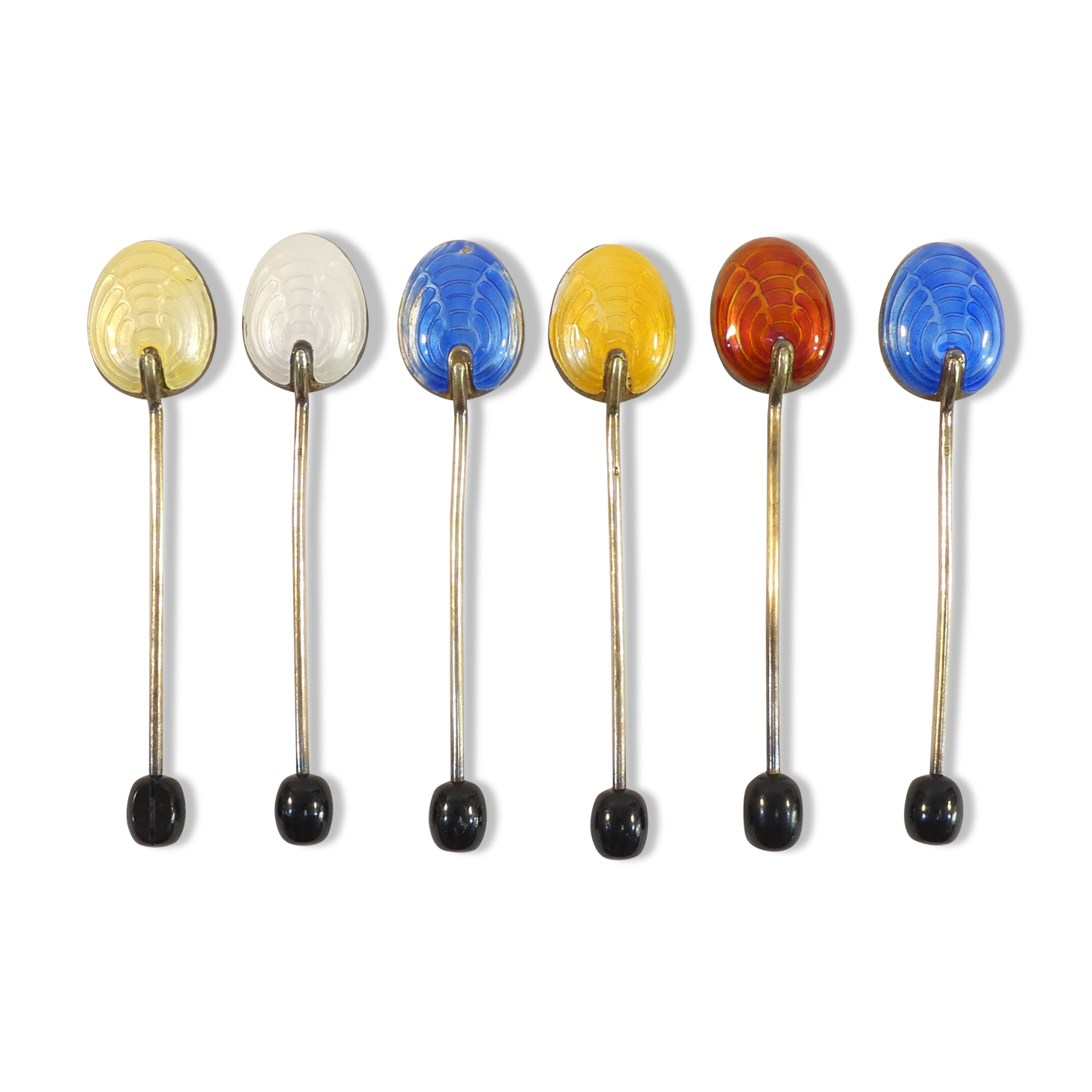 6 mocha spoons in solid silver vermeil and enamelled silver lion passant