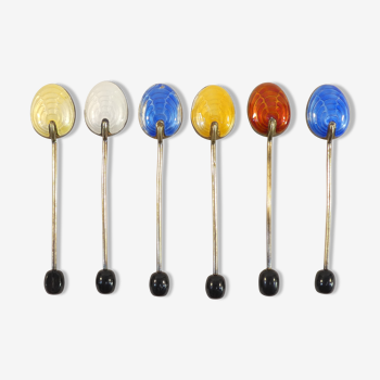 6 mocha spoons in solid silver vermeil and enamelled silver lion passant