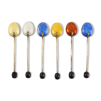 6 mocha spoons in solid silver vermeil and enamelled silver lion passant