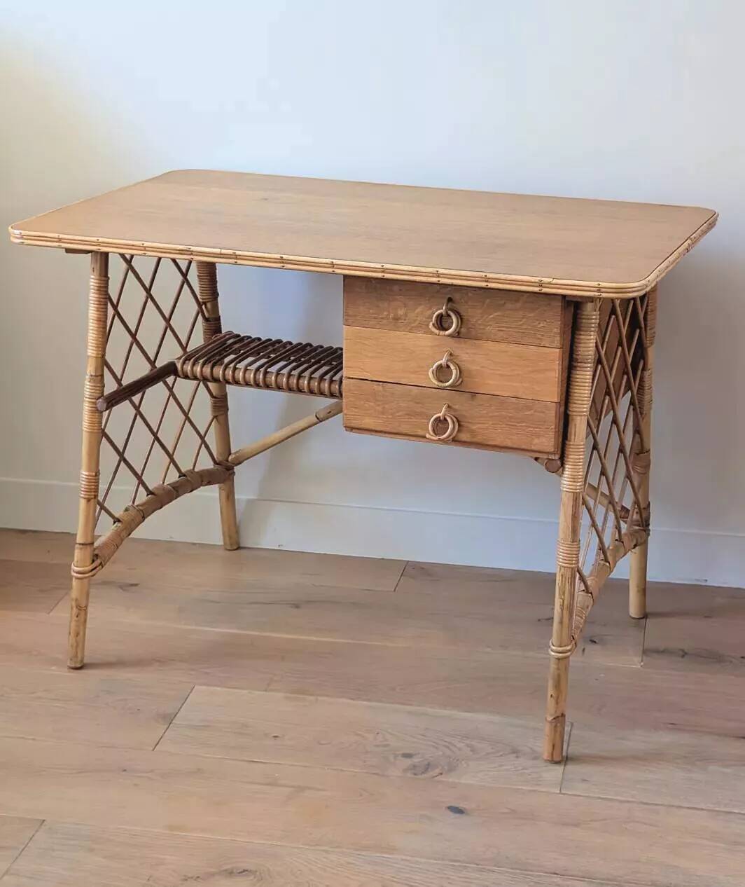 Vintage oak and rattan desk attributed to Louis Sognot