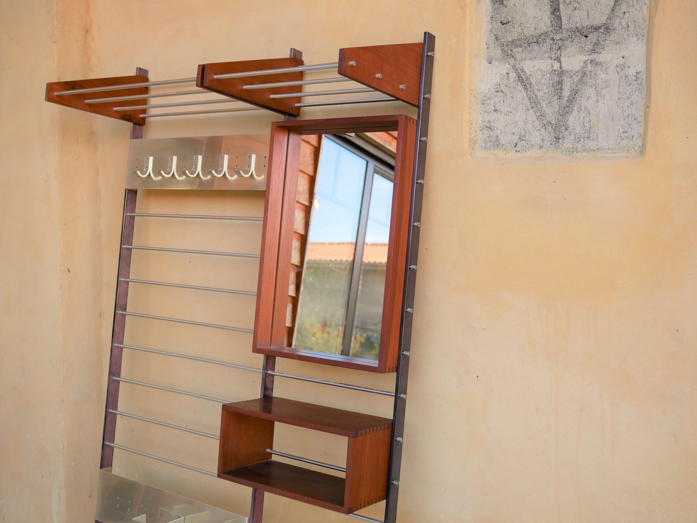 Vintage Scandinavian teak and aluminum coat holder