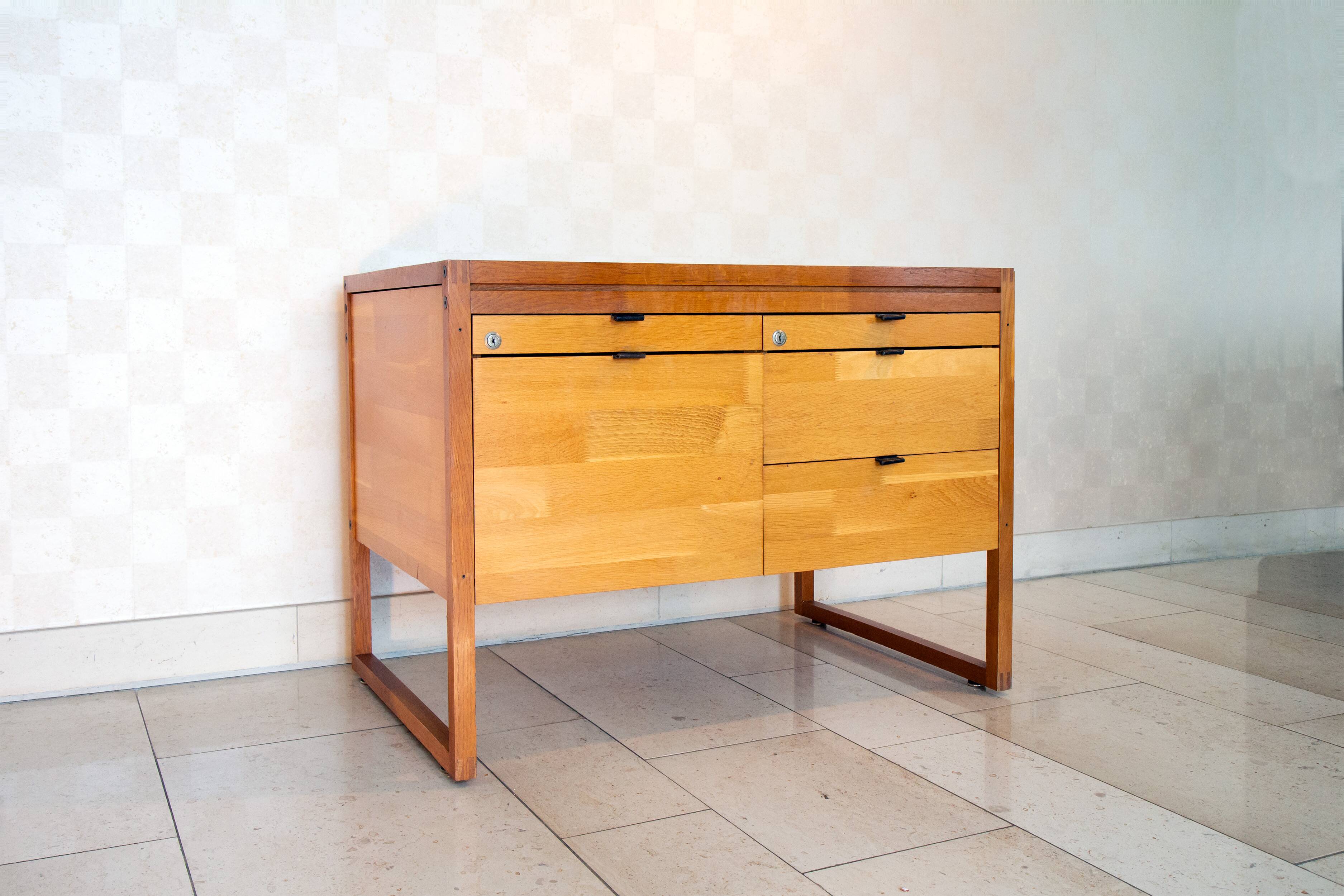 Scandinavian storage unit, solid wood and leather