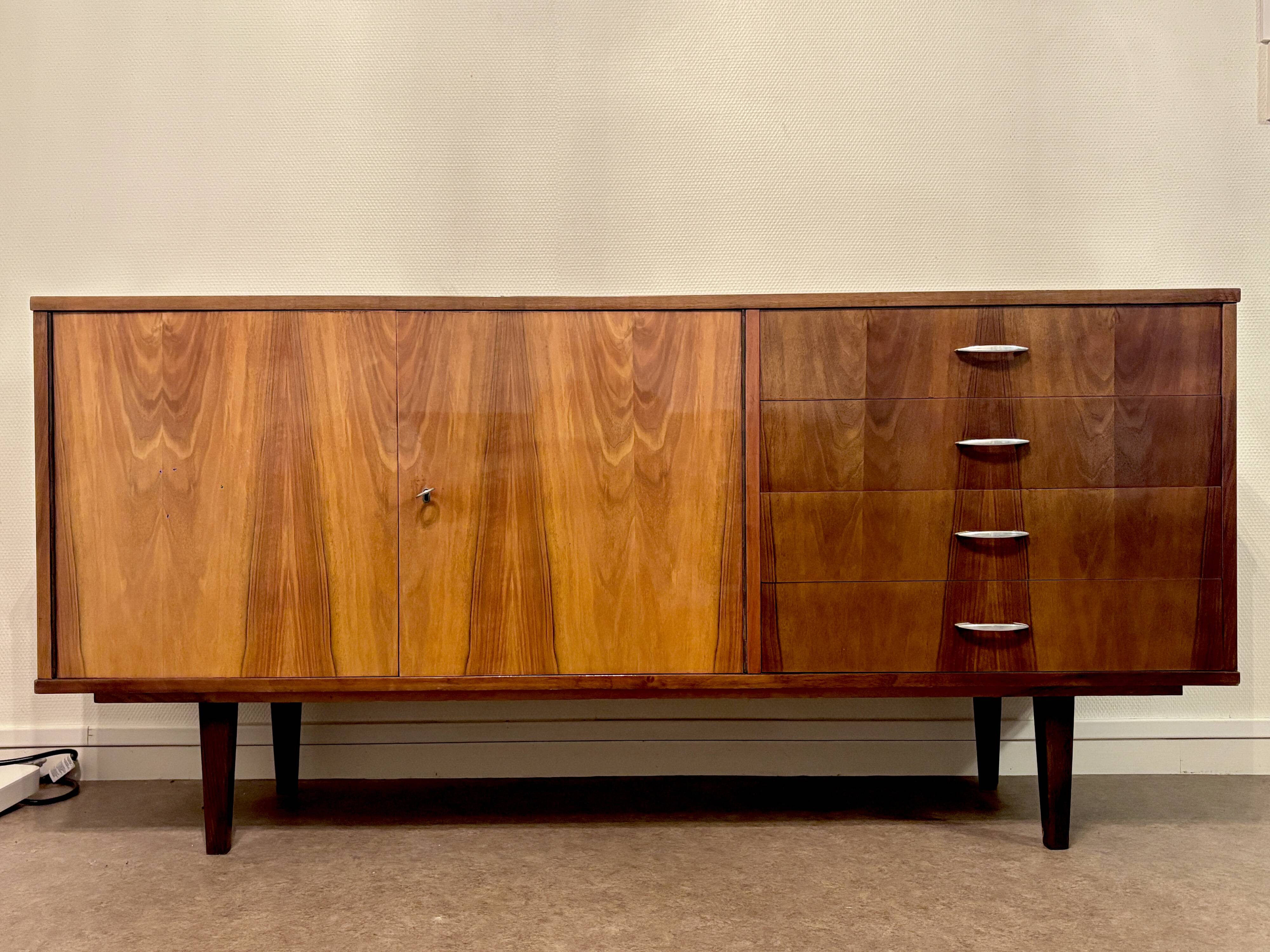 Vintage Polish buffet in flamed walnut – Mid-Century design from the 1960s