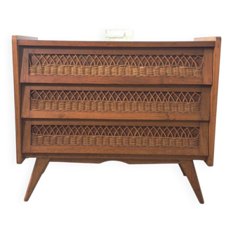 Commode vintage en rotin avec pieds compas