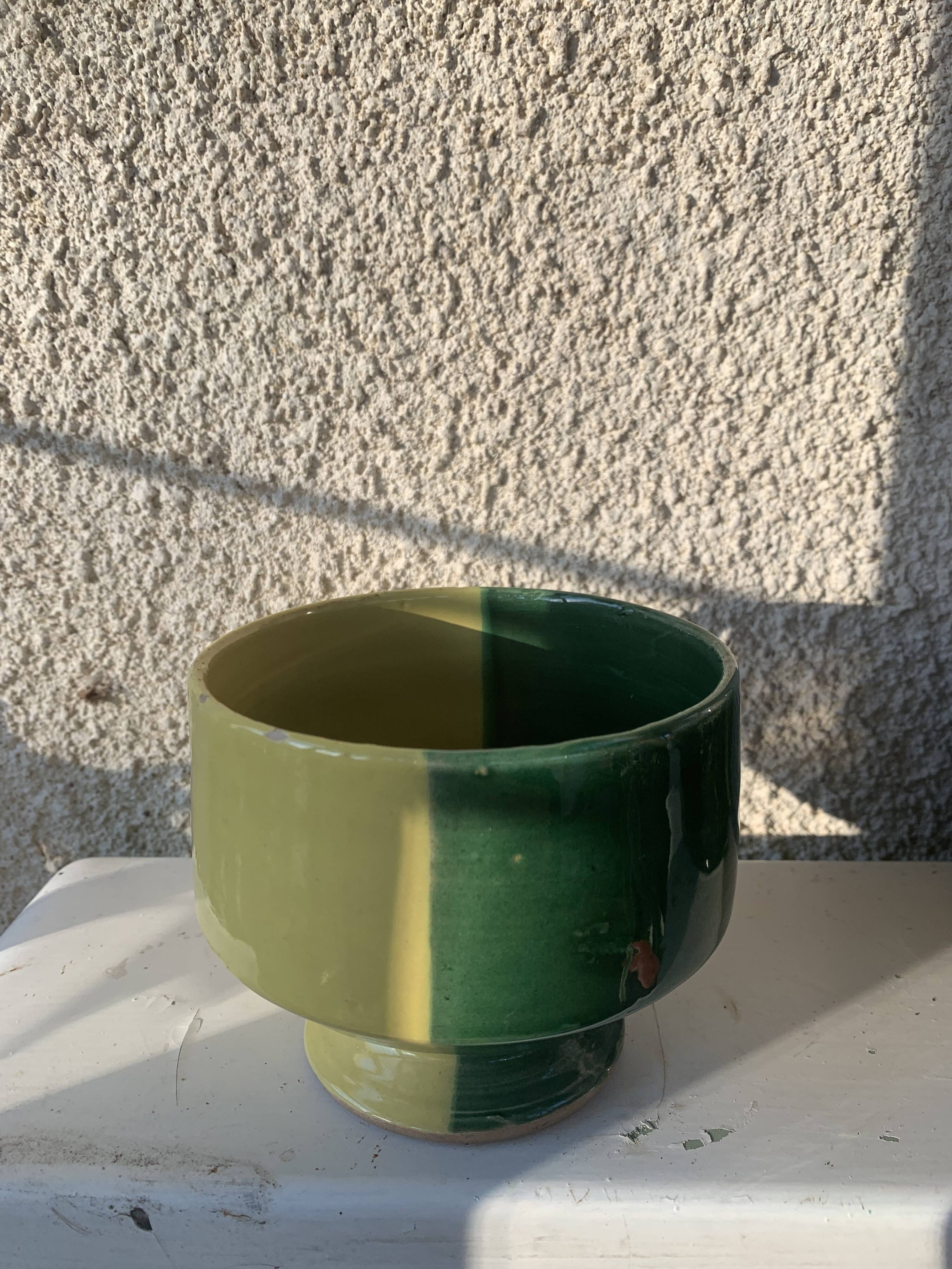 Large bowl in vintage green and yellow enamelled ceramic