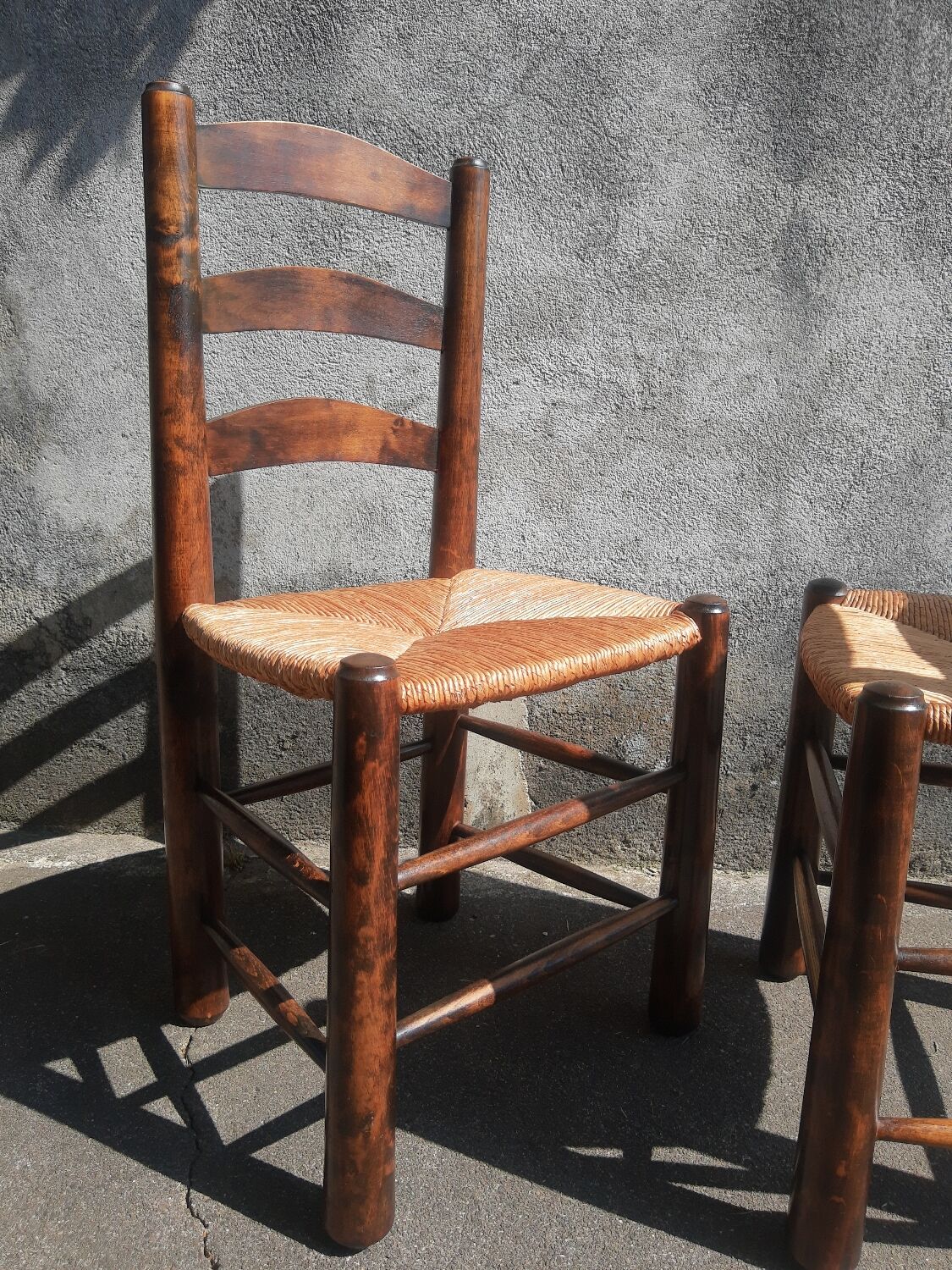 Pair of brutalist wood mulched chairs