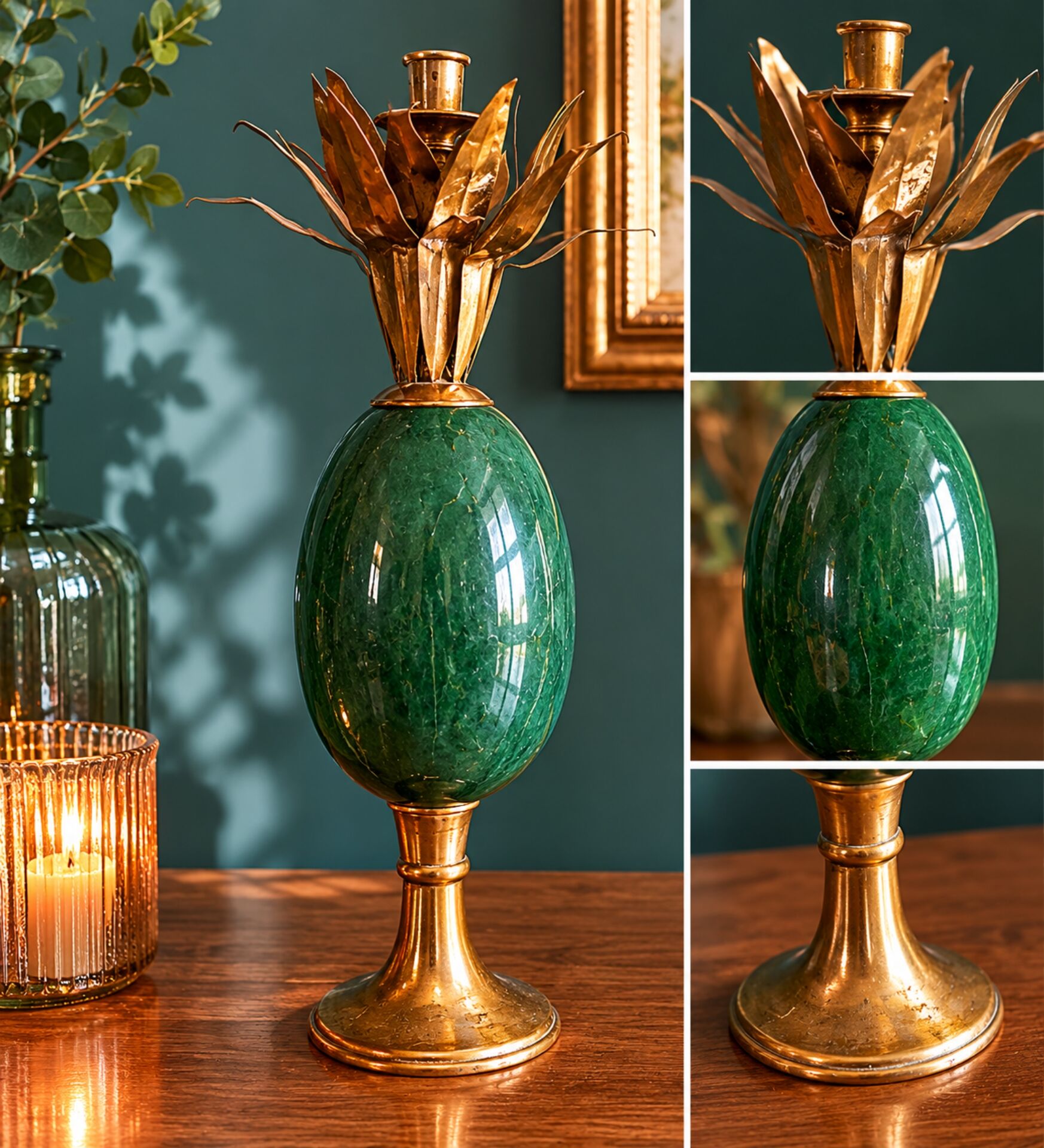 Vintage flower candlestick in brass and green stone