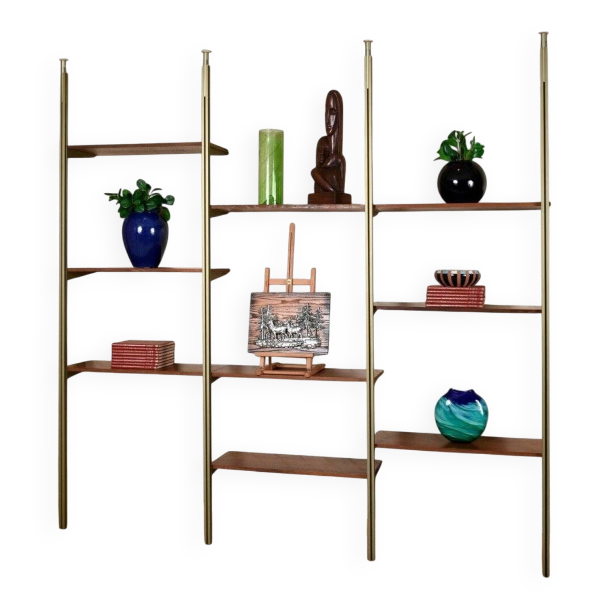 Tension pole free standing rose gold aluminum Omni wall unit by George Nelson