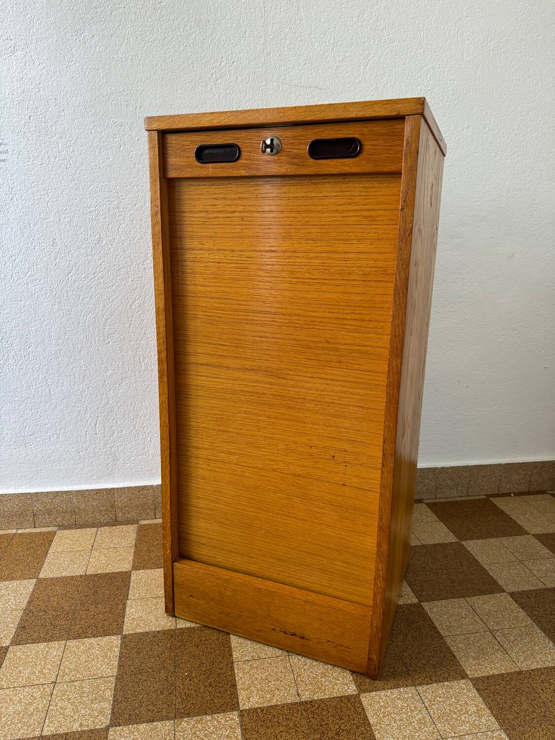 1960s wooden curtain filing cabinet