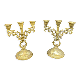 Vintage, candle holders, candelabras, 3 burners, brass, AGDA hallmark, early twentieth century, rocaille style