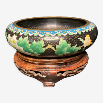 China, empty cup pocket in cloisonné enamels on pedestal decoration peony XXth