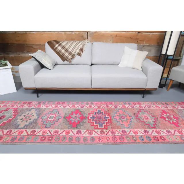 Vintage Turkish Oushak Handmade Wool Cotton Pink Runner 85x387