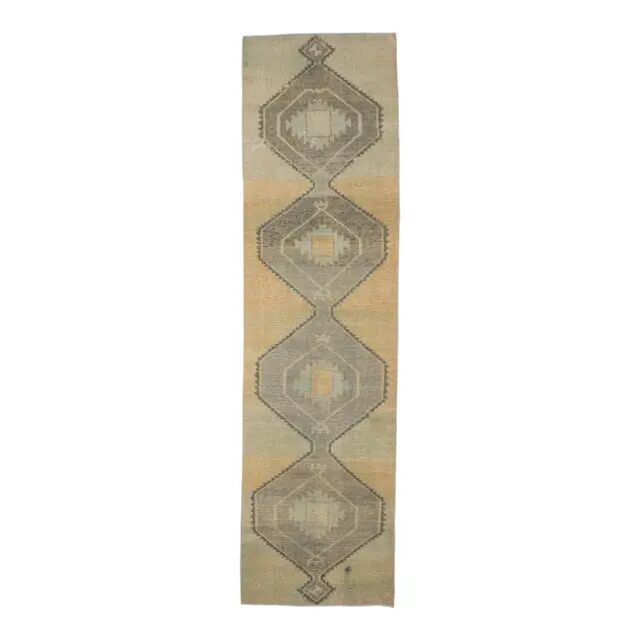 1970s Turkish Oushak handmade beige runner rug 92x344