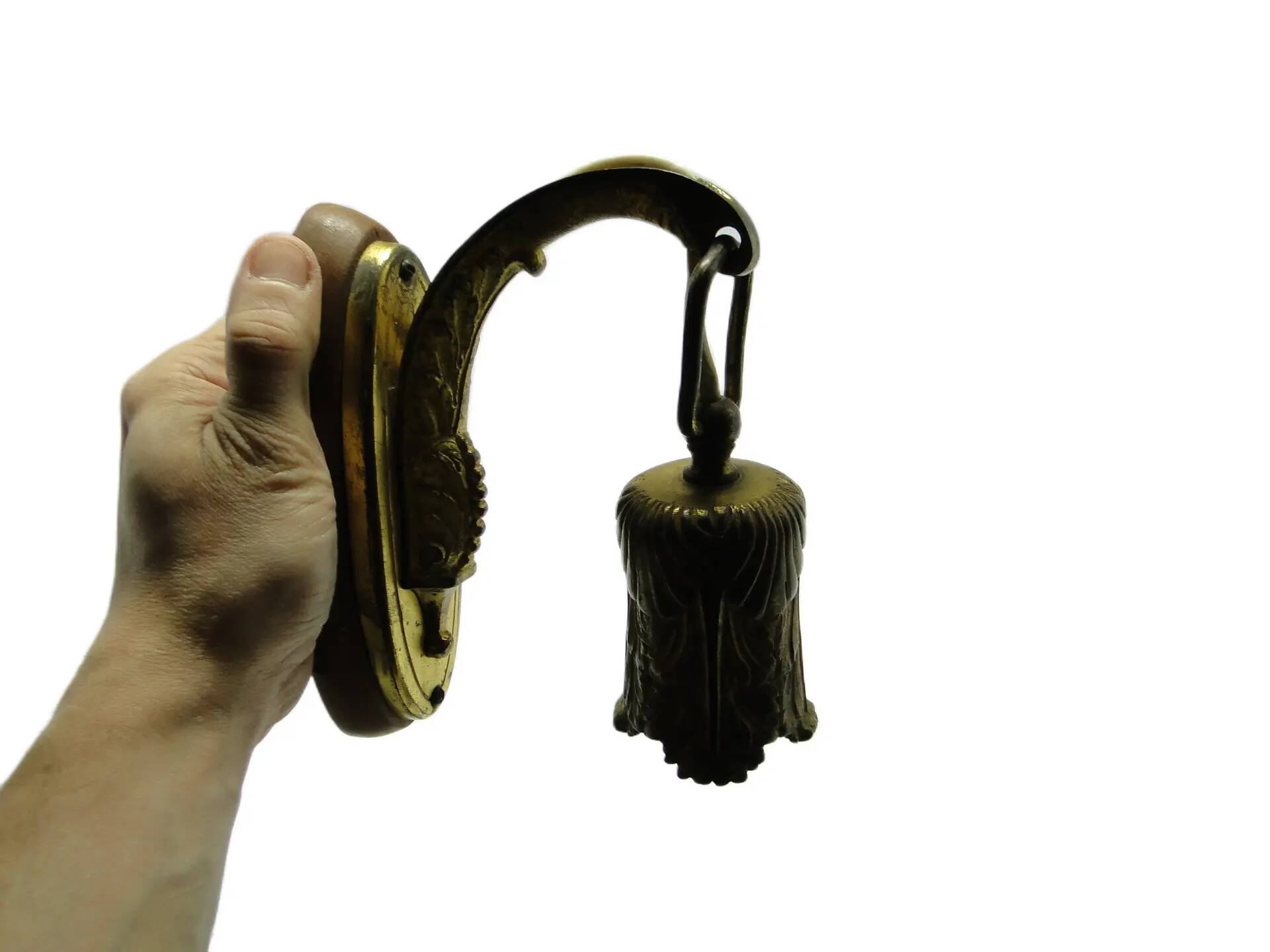 Eclectic wall sconce, golden brass, beech, Germany, 1930s.