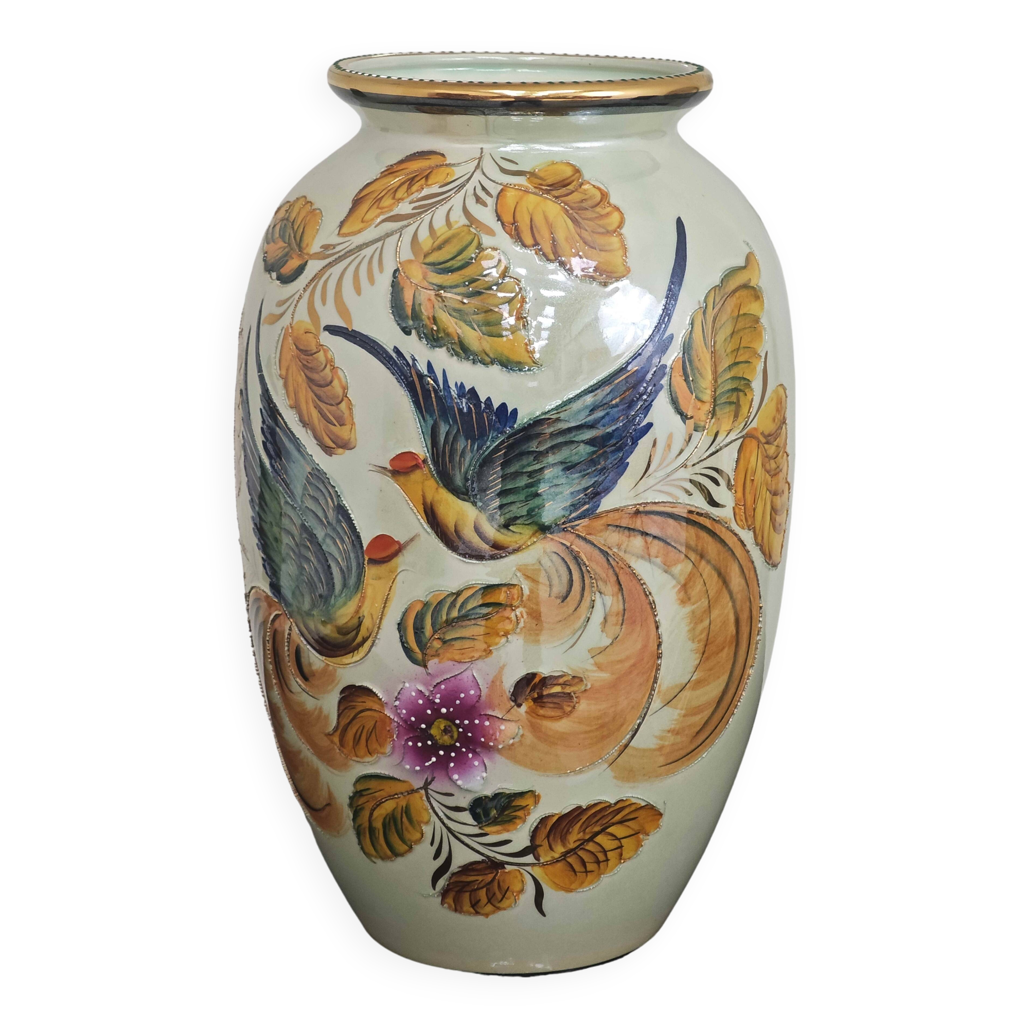 Beau vase peint main oiseau et feuilles H.Béquet numéroté 556