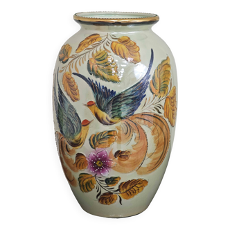 Beautiful hand painted vase bird and leaves H.Béquet numbered 556