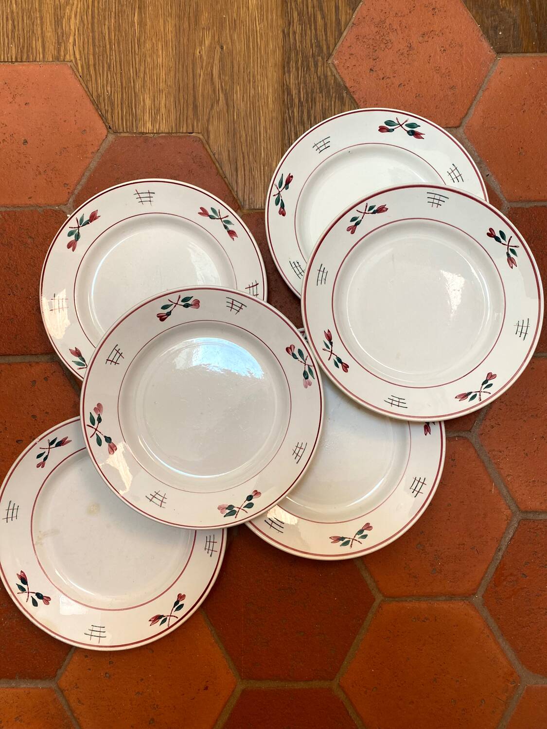 6 pink and green plates in old earthenware from St Amand