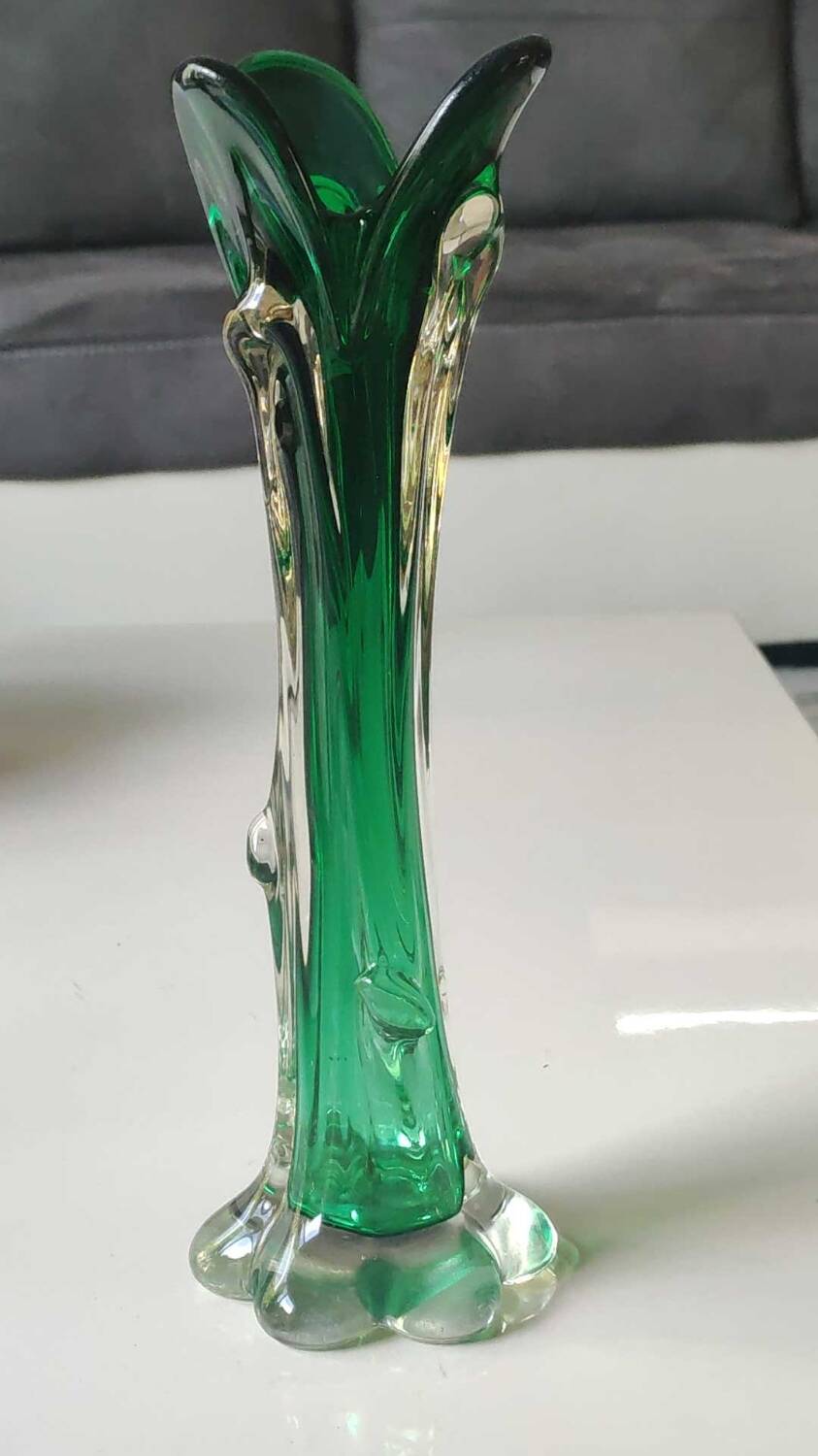 Murano glass art vase blown. Design in the shape of a trunk/floral base. Height 26 cm.