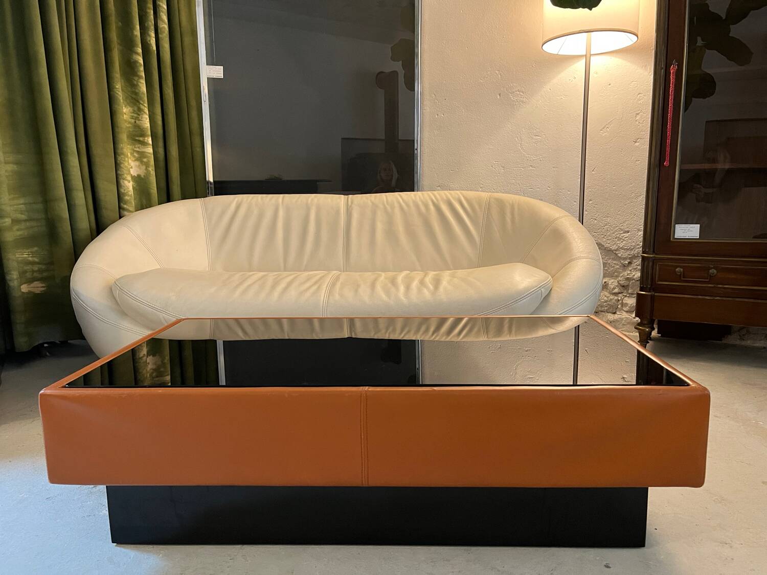 Caramel leather and black glass coffee table