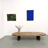 XXL oval coffee table in solid oak, cylindrical base, 1950s.