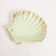 Vintage decorative plate in wood and ceramic with green shells, France, 1960s.