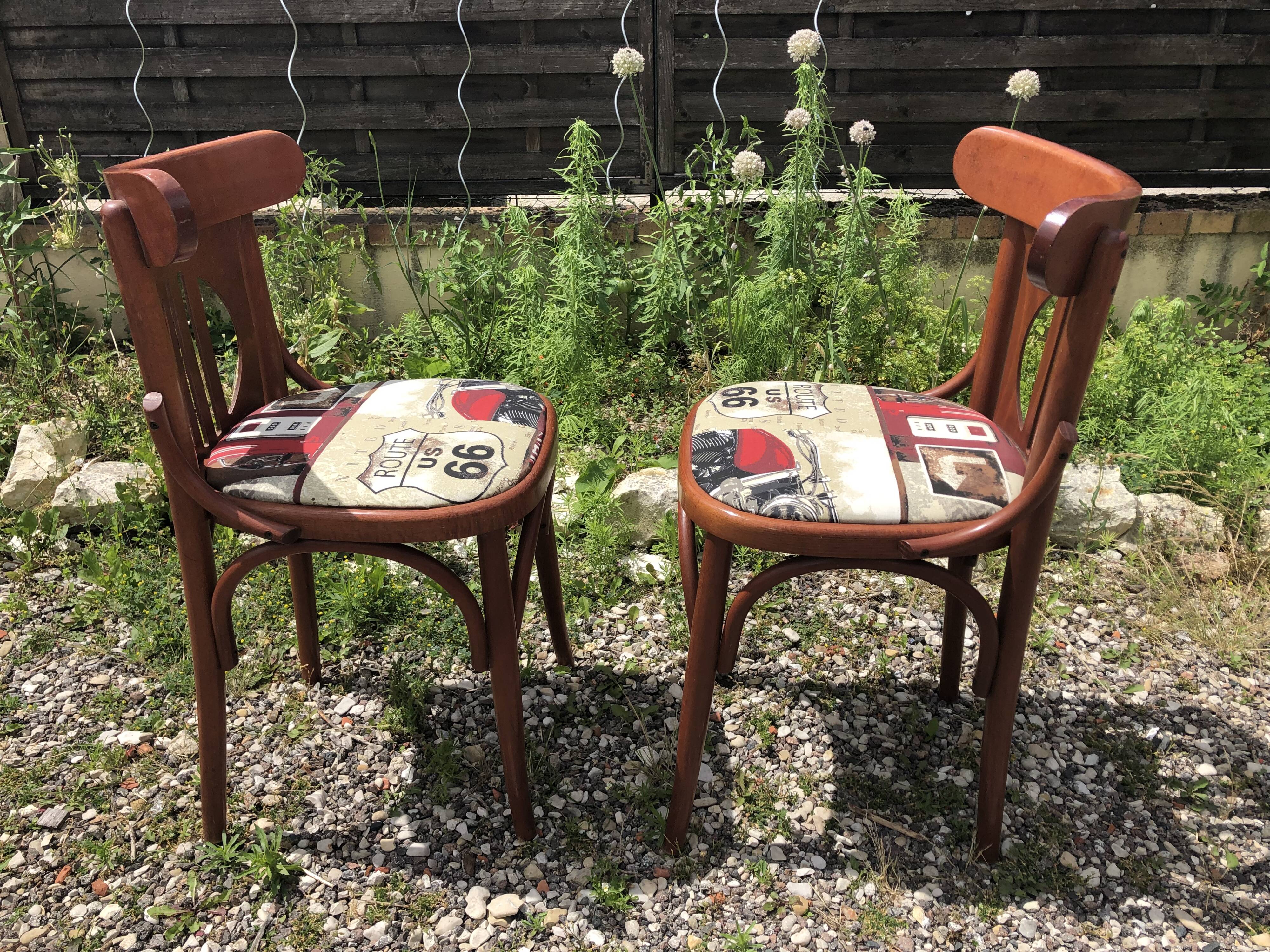 Pair of vintage bentwood chair + route 66 fabric seat