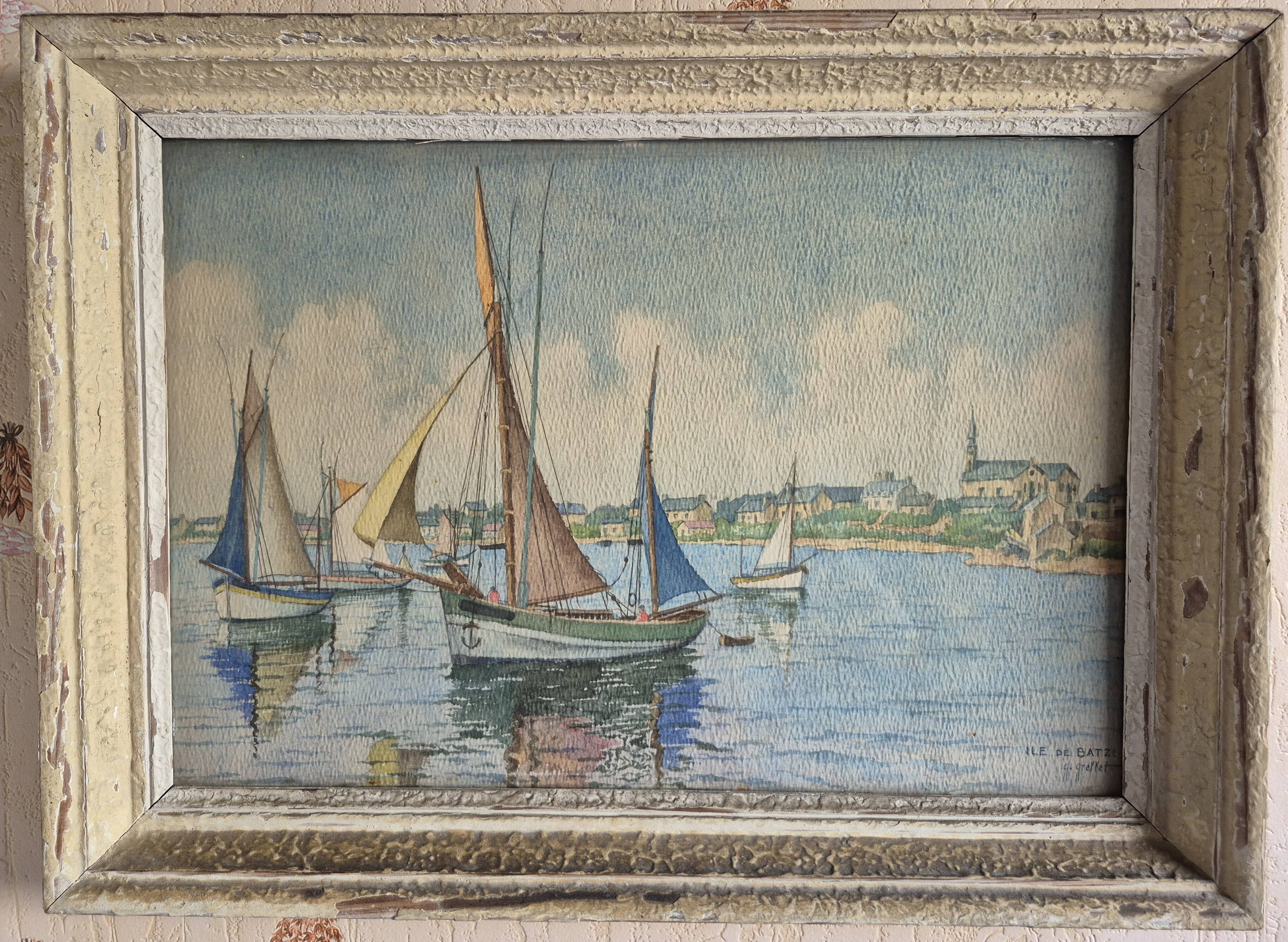 Framed watercolor by Geoges Grellet "Ile de Batz"