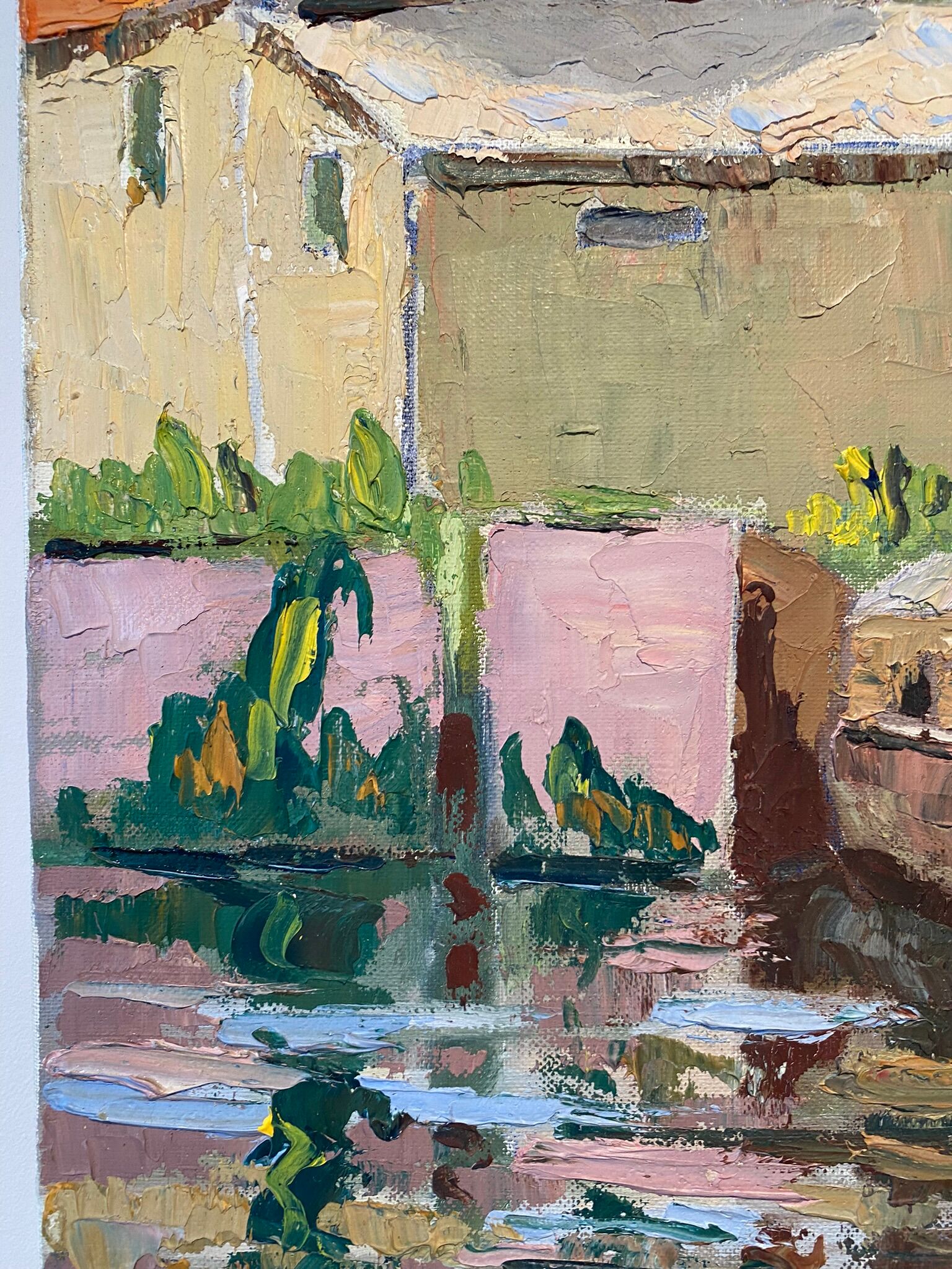 Tableau ancien, péniche à quai, signé Maurice Pannetier, années 70/80