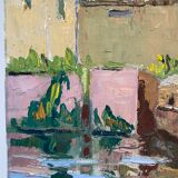Old painting, barge at the dock, signed Maurice Pannetier, 70s/80s
