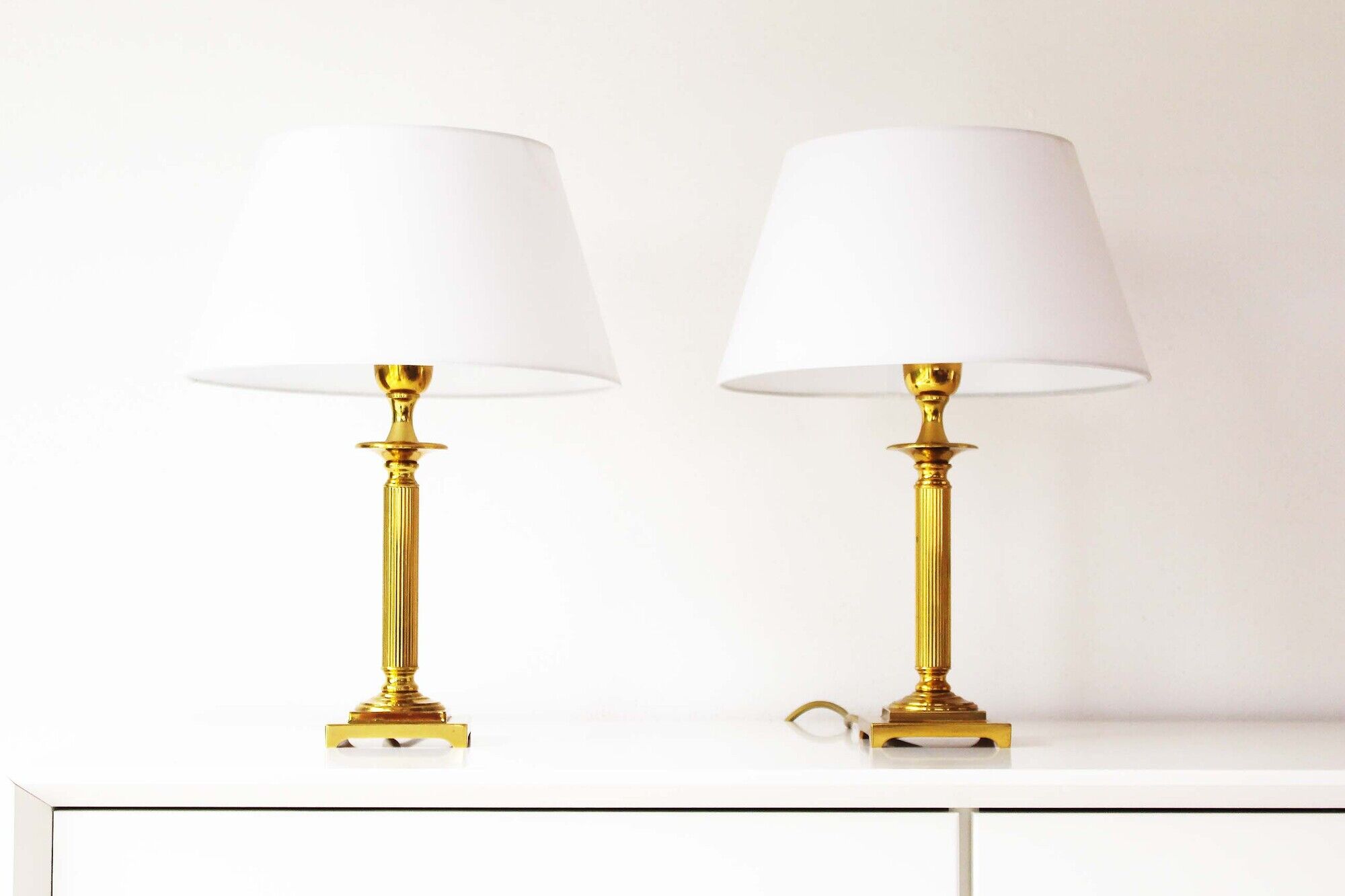 Vintage pair of Brass Column Table Lamps - 1970's Hollywood Regency Lamps