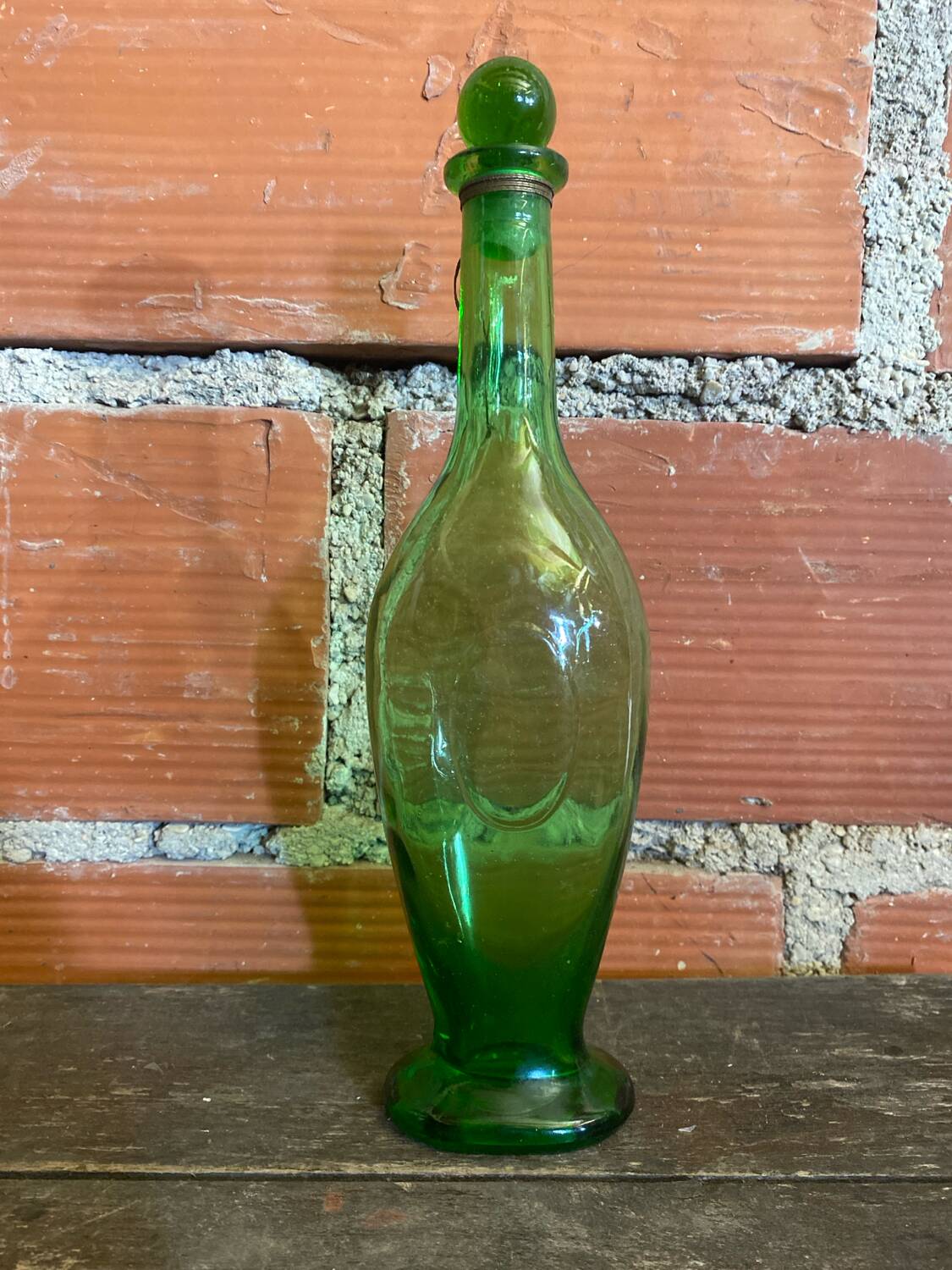 Old Green Bubble Glass Carafe Bottle with Vintage Stopper