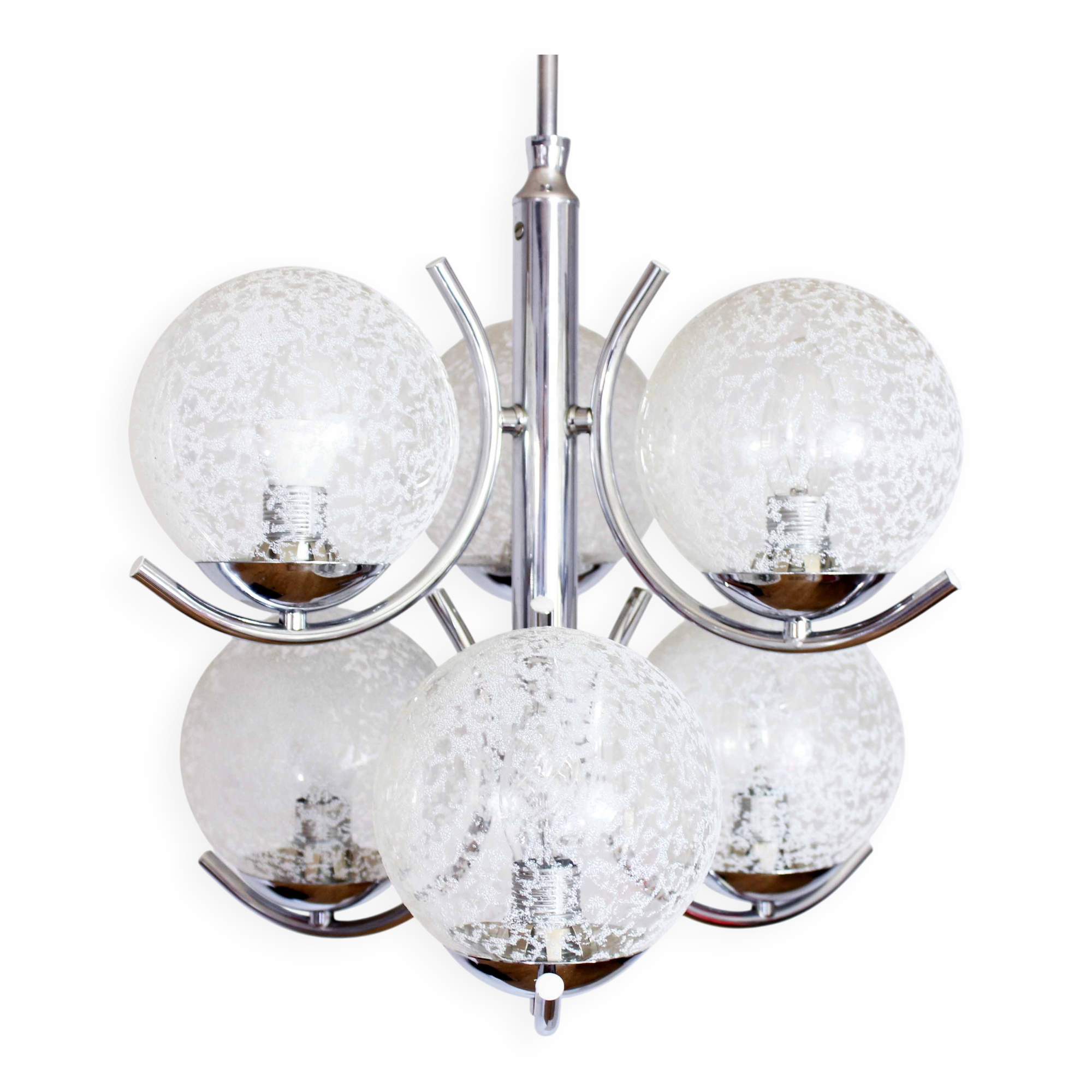 Glass and chrome metal chandelier 1970