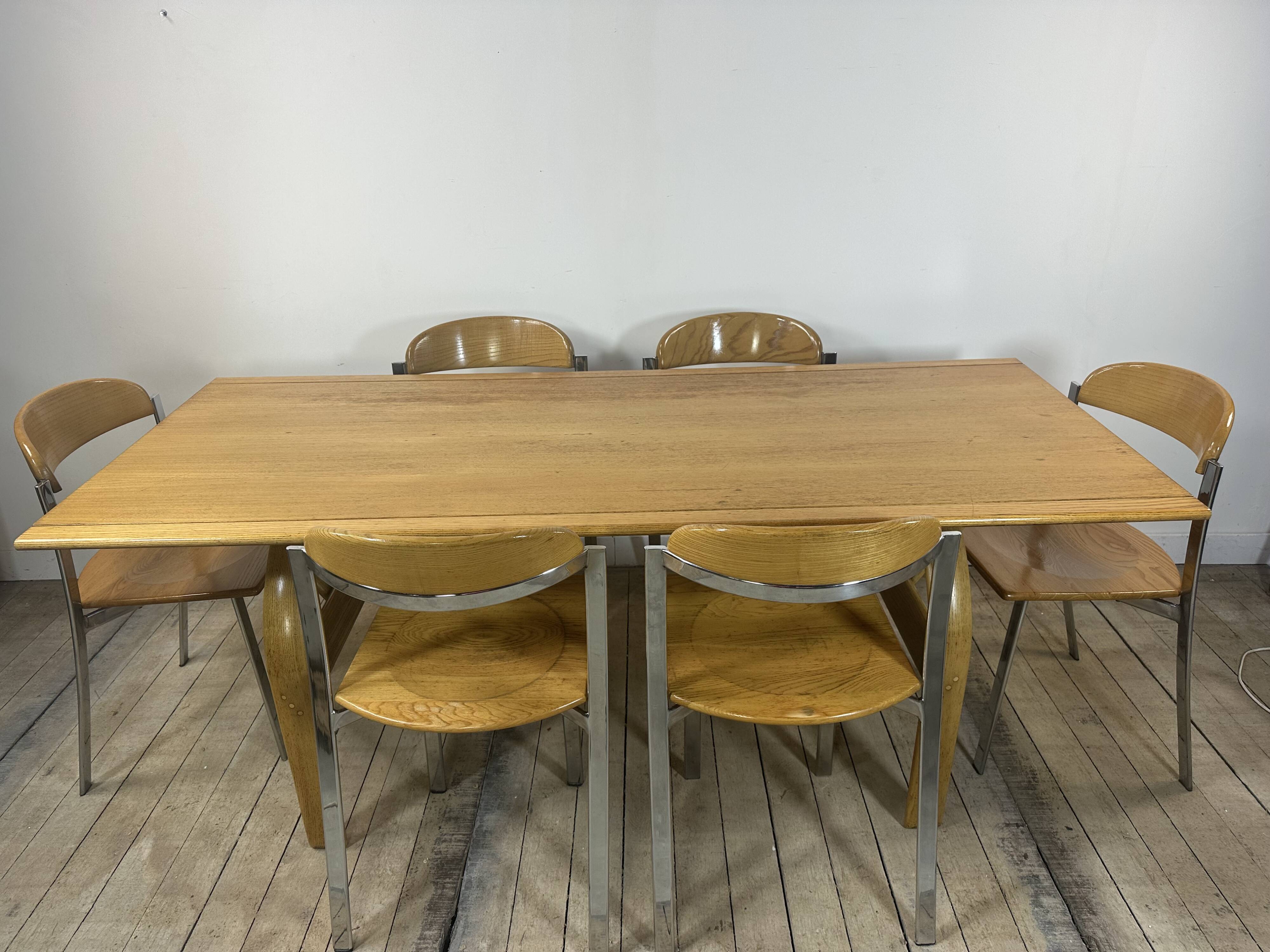 Vintage 1980s oak and chrome dining table + 6 chairs.