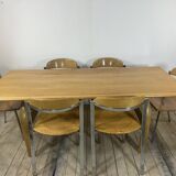 Vintage 1980s oak and chrome dining table + 6 chairs.