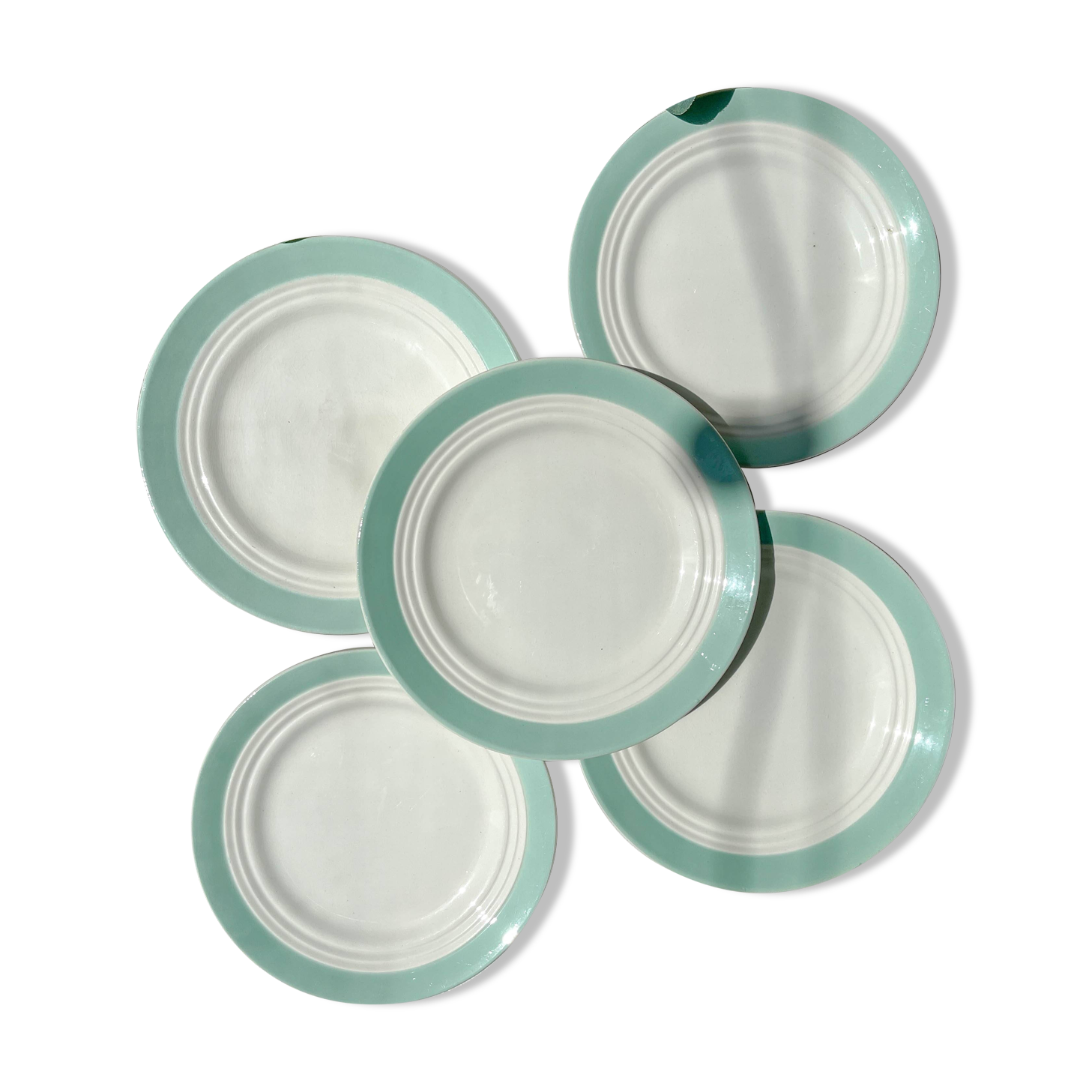 5 petites assiettes vintage en porcelaine française blanches vertes Céranord