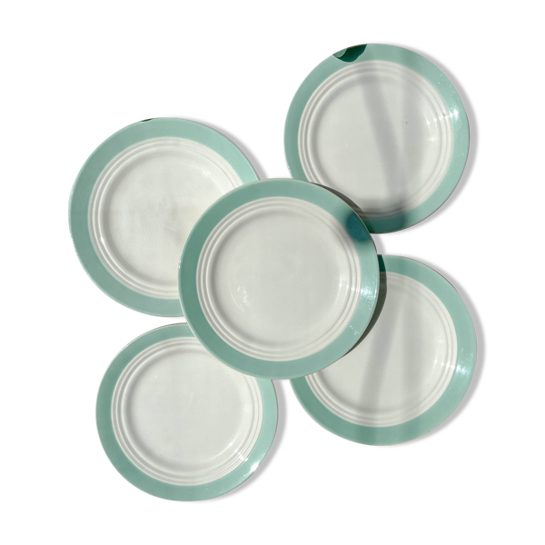 5 petites assiettes vintage en porcelaine française blanches vertes Céranord