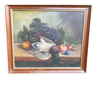 Still Life with Grapes and Game, signed, 1913